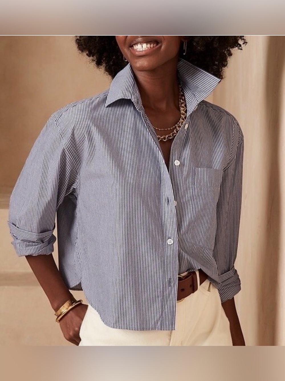 NWOT Banana Republic Navy Stripe Cropped Cotton Button Down Shirt - Size M